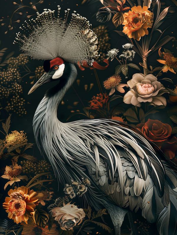 Bloomstride – Crowned Crane Floral Sanctuary Art Print – Cosmic